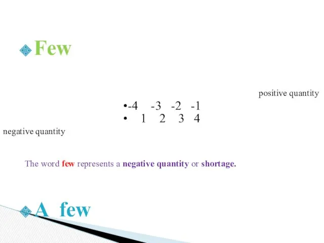 Few The word few represents a negative quantity or shortage.