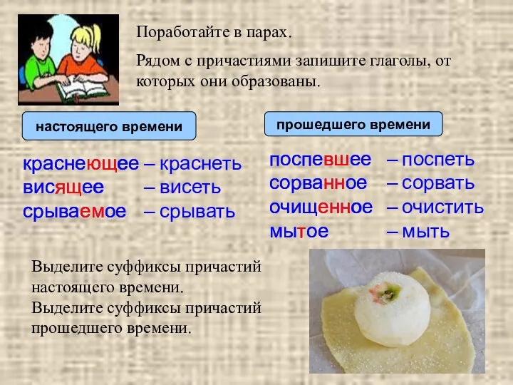 Поработайте в парах. краснеющее висящее срываемое Выделите суффиксы причастий настоящего