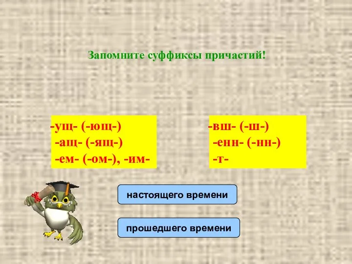 Запомните суффиксы причастий! настоящего времени прошедшего времени ущ- (-ющ-) -ащ-