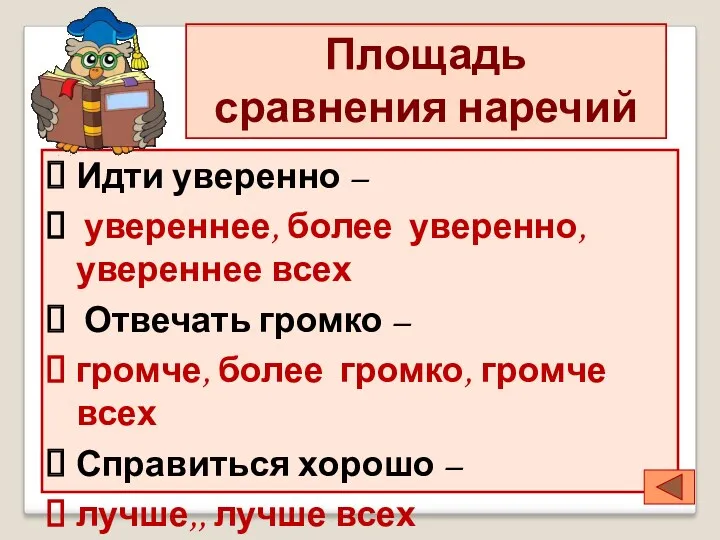 Площадь сравнения наречий Идти уверенно – увереннее, более уверенно, увереннее