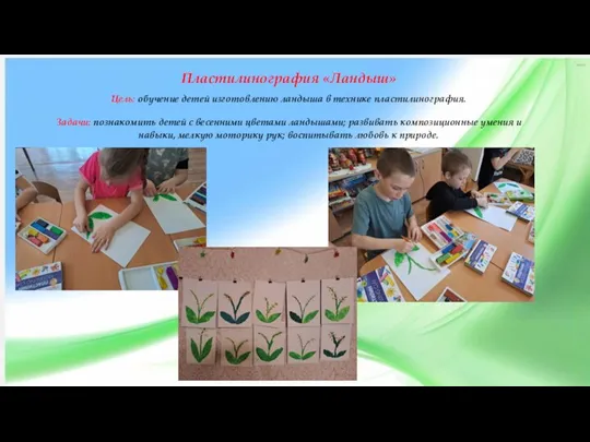 Пластилинография «Ландыш» Цель: обучение детей изготовлению ландыша в технике пластилинография.