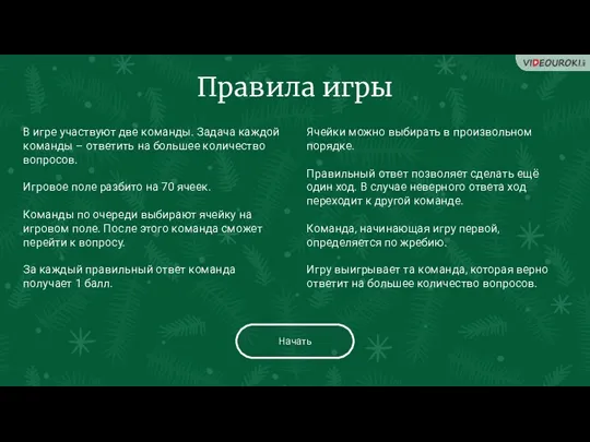 Правила игры Начать В игре участвуют две команды. Задача каждой команды – ответить