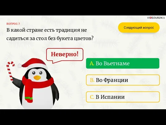 C. В Испании ВОПРОС 7 A. Во Вьетнаме B. Во Франции В какой