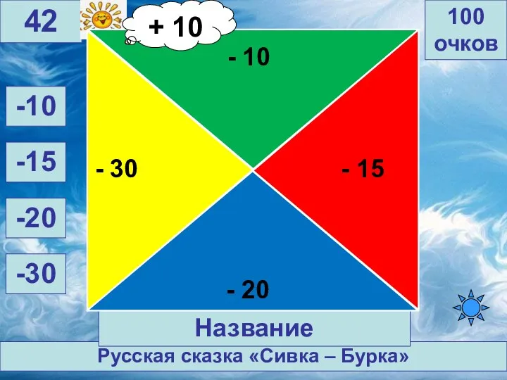 Русская сказка «Сивка – Бурка» 100 очков 42 Название -10 -15 -20 -30 + 10