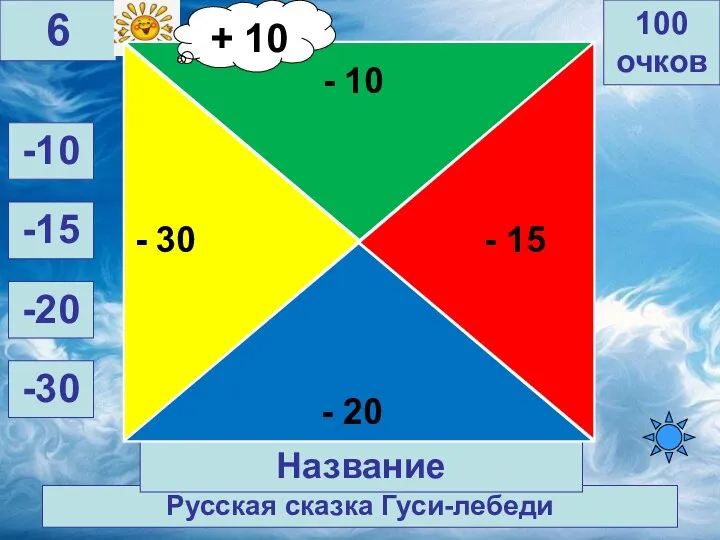 Русская сказка Гуси-лебеди 100 очков 6 Название -10 -15 -20 -30 + 10