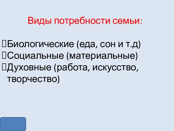 Виды потребности семьи: Биологические (еда, сон и т.д) Социальные (материальные) Духовные (работа, искусство, творчество)