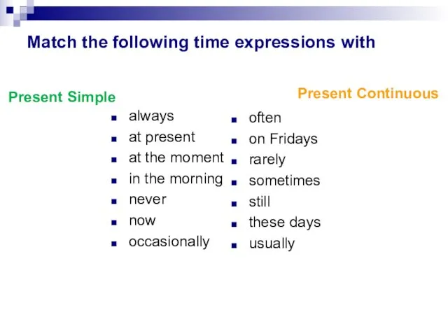 Match the following time expressions with Present Simple always at present at the