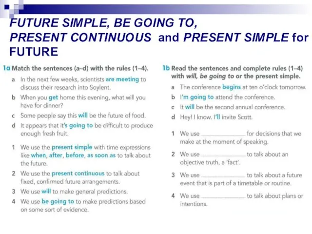 FUTURE SIMPLE, BE GOING TO, PRESENT CONTINUOUS and PRESENT SIMPLE for FUTURE