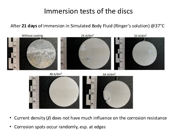 Immersion tests of the discs After 21 days of immersion