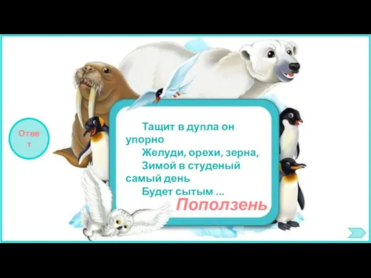 Тащит в дупла он упорно Желуди, орехи, зерна, Зимой в студеный самый день