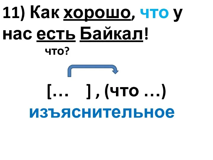 11) Как хорошо, что у нас есть Байкал! что? [… ] , (что …) изъяснительное