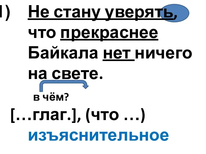 Не стану уверять, что прекраснее Байкала нет ничего на свете. в чём? […глаг.], (что …) изъяснительное