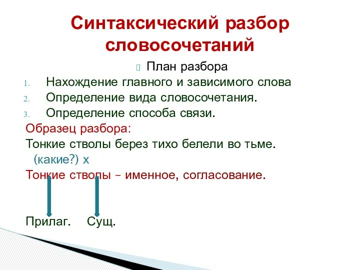 План разбора Нахождение главного и зависимого слова Определение вида словосочетания.