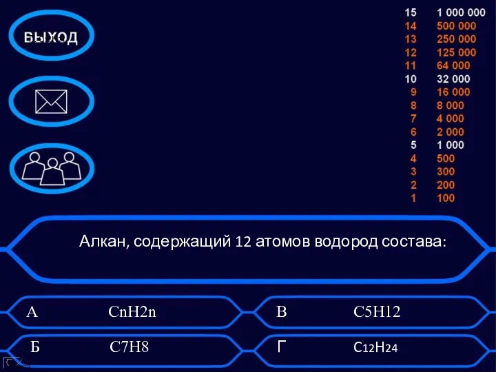 Алкан, содержащий 12 атомов водород состава: А CnH2n Б C7H8 В C5H12 Г. C12H24 Г C12H24