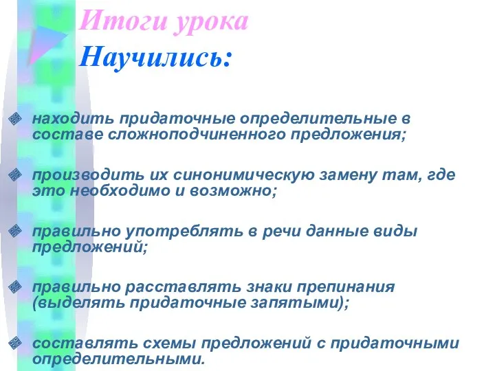 Итоги урока Научились: находить придаточные определительные в составе сложноподчиненного предложения;