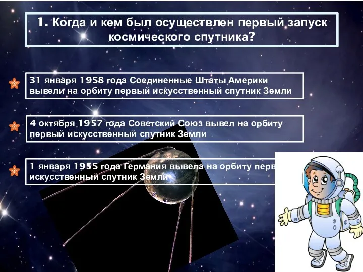 1. Когда и кем был осуществлен первый запуск космического спутника?