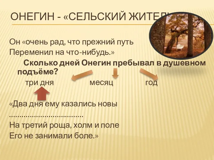 ОНЕГИН - «СЕЛЬСКИЙ ЖИТЕЛЬ» Он «очень рад, что прежний путь Переменил на что-нибудь.»