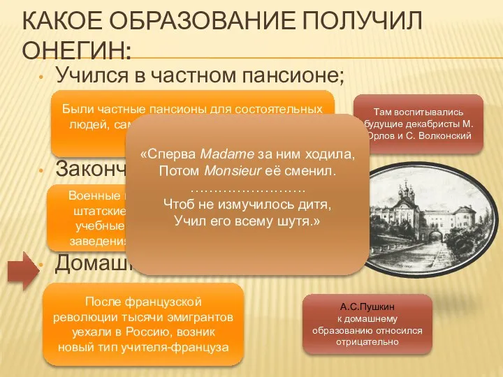 КАКОЕ ОБРАЗОВАНИЕ ПОЛУЧИЛ ОНЕГИН: Учился в частном пансионе; Закончил лицей;