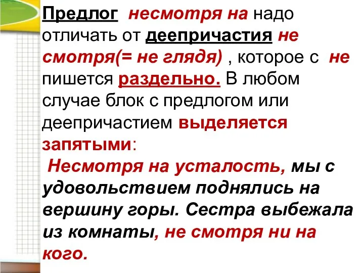 Предлог несмотря на надо отличать от деепричастия не смотря(= не