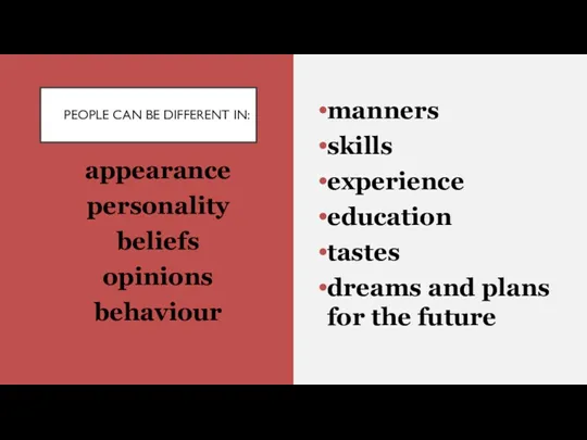 PEOPLE CAN BE DIFFERENT IN: manners skills experience education tastes dreams and plans