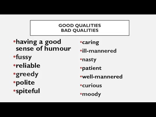 having a good sense of humour fussy reliable greedy polite spiteful caring ill-mannered