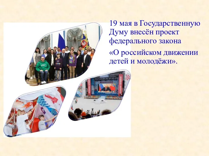 19 мая в Государственную Думу внесён проект федерального закона «О российском движении детей и молодёжи».