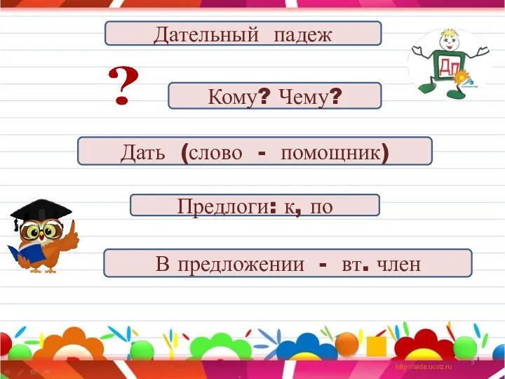 Дательный падеж Дать (слово - помощник) Предлоги: к, по В предложении - вт. член