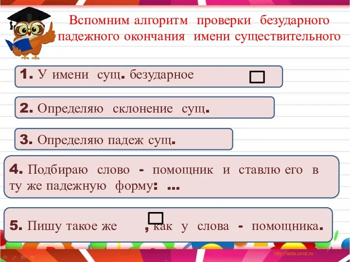 Вспомним алгоритм проверки безударного падежного окончания имени существительного 1. У