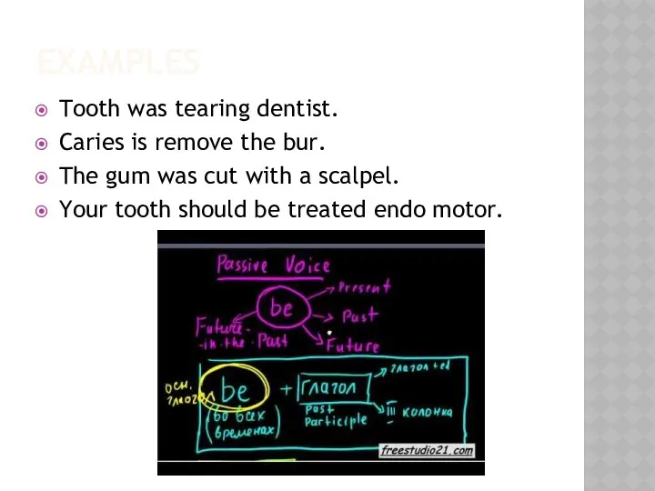 EXAMPLES Tooth was tearing dentist. Сaries is remove the bur. The gum was
