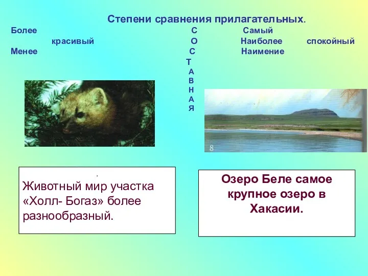Озеро Беле самое крупное озеро в Хакасии. Степени сравнения прилагательных.