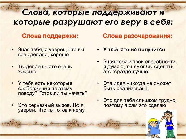 Слова, которые поддерживают и которые разрушают его веру в себя: Слова поддержки: Зная