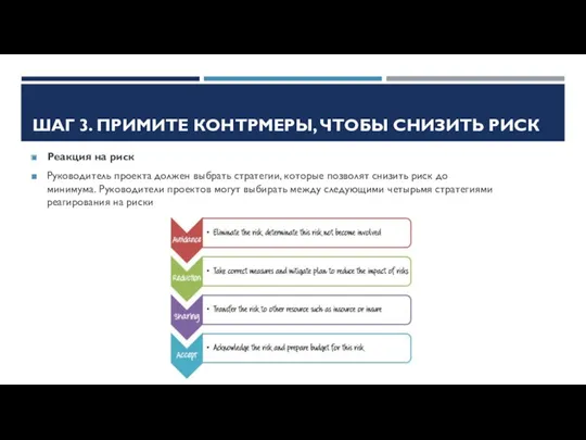 ШАГ 3. ПРИМИТЕ КОНТРМЕРЫ, ЧТОБЫ СНИЗИТЬ РИСК Реакция на риск Руководитель проекта должен