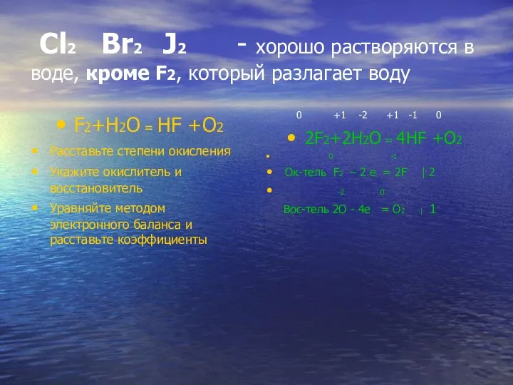 Cl2 Br2 J2 - хорошо растворяются в воде, кроме F2,