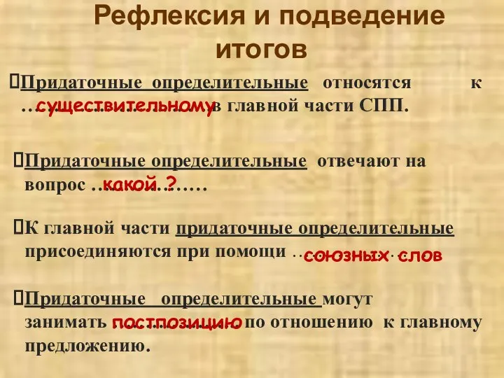 Придаточные определительные относятся к ………………….. .. ….в главной части СПП.