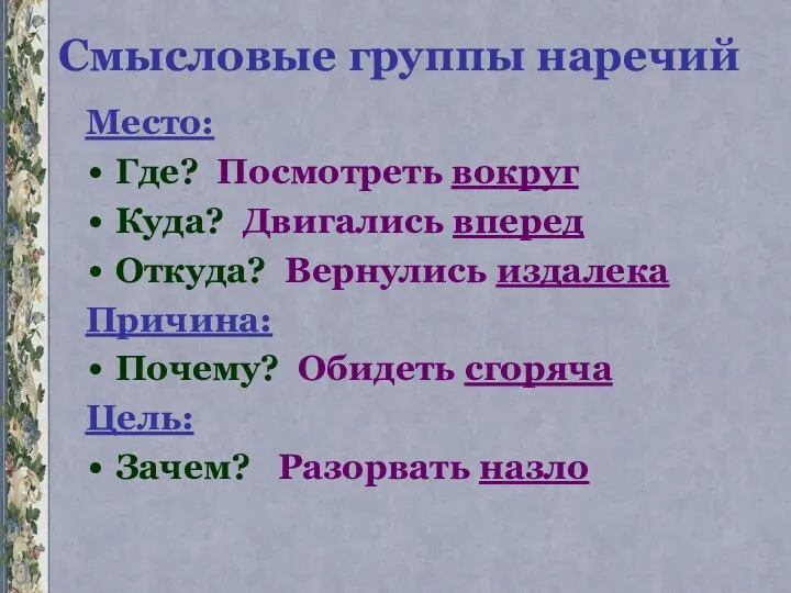 Смысловые группы наречий Место: Где? Посмотреть вокруг Куда? Двигались вперед