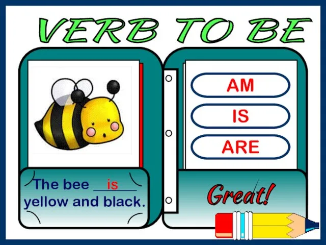 AM IS ARE The bee ______ yellow and black. Great! is VERB TO BE