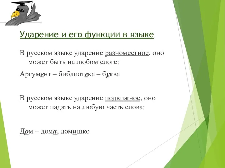 Ударение и его функции в языке В русском языке ударение разноместное, оно может