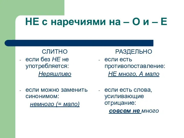 НЕ с наречиями на – О и – Е СЛИТНО если без НЕ