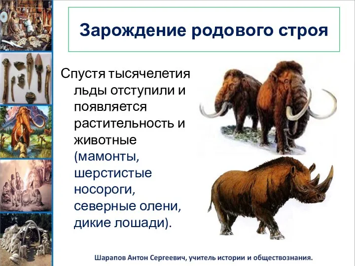 Спустя тысячелетия льды отступили и появляется растительность и животные (мамонты,