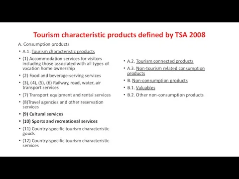 Tourism characteristic products defined by TSA 2008 A. Consumption products