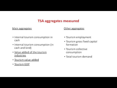 TSA aggregates measured Main aggregates Internal tourism consumption in cash