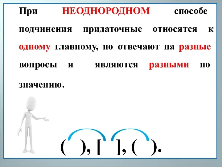 При НЕОДНОРОДНОМ способе подчинения придаточные относятся к одному главному, но