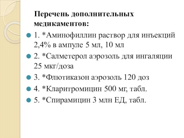 Перечень дополнительных медикаментов: 1. *Аминофиллин раствор для инъекций 2,4% в