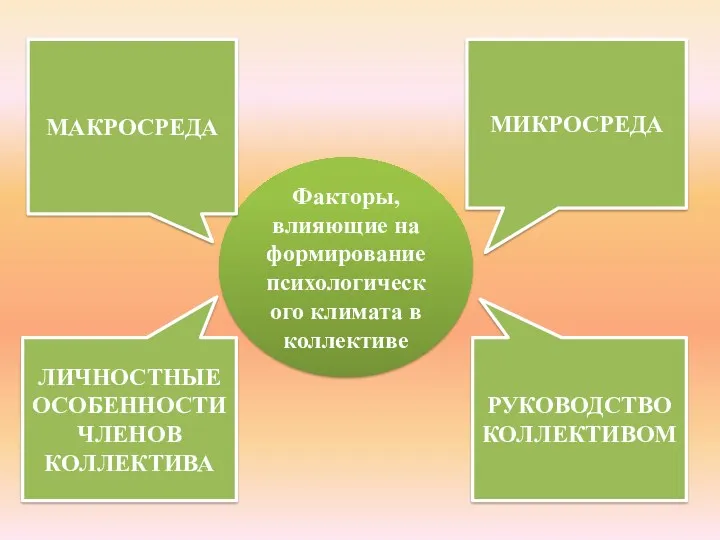 Факторы, влияющие на формирование психологического климата в коллективе МИКРОСРЕДА ЛИЧНОСТНЫЕ ОСОБЕННОСТИ ЧЛЕНОВ КОЛЛЕКТИВА МАКРОСРЕДА РУКОВОДСТВО КОЛЛЕКТИВОМ