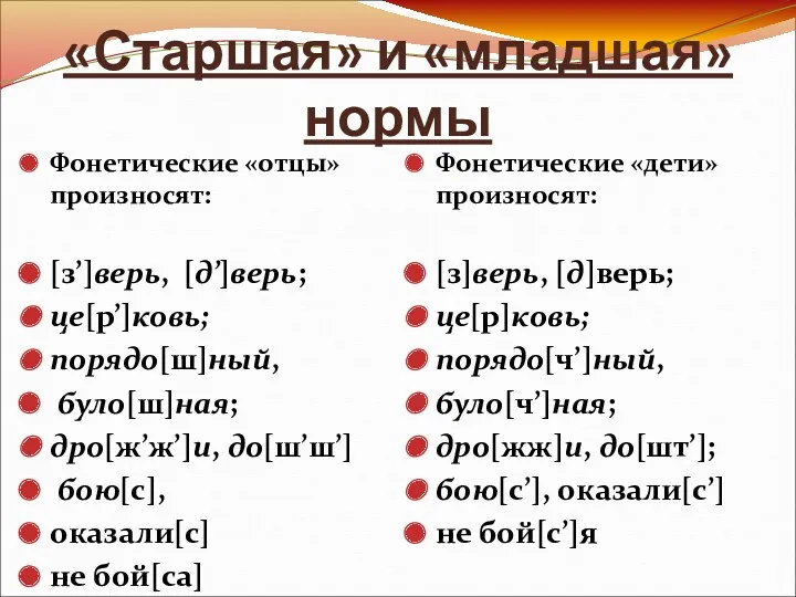 «Старшая» и «младшая» нормы Фонетические «отцы» произносят: [з’]верь, [д’]верь; це[р’]ковь;