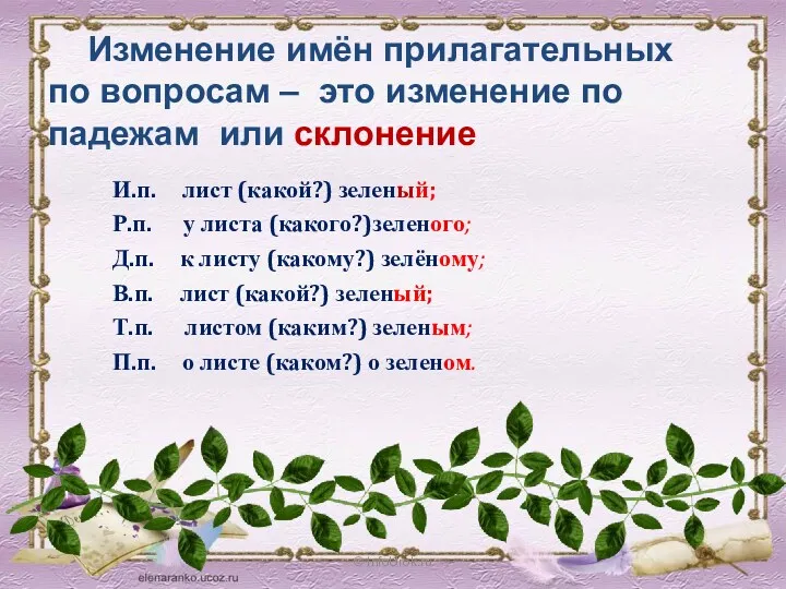 © InfoUrok.ru И.п. лист (какой?) зеленый; Р.п. у листа (какого?)зеленого;