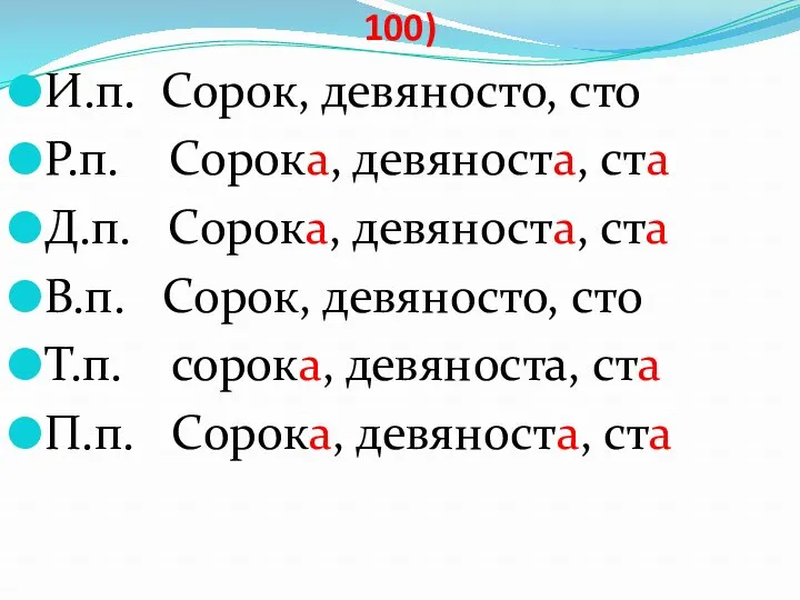 Склонение числительных (40, 90, 100) И.п. Сорок, девяносто, сто Р.п.