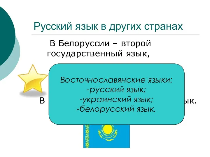 Русский язык в других странах В Белоруссии – второй государственный язык, В Казахстане