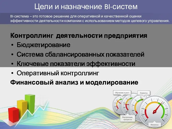 Цели и назначение BI-систем Контроллинг деятельности предприятия Бюджетирование Система сбалансированных