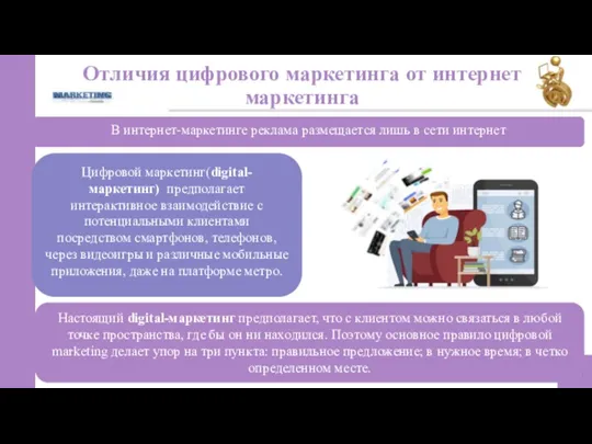 Отличия цифрового маркетинга от интернет маркетинга 16 В интернет-маркетинге реклама